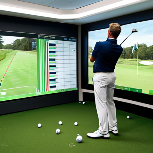 Home 4 A focused male golfer in professional, modest golf attire, standing in a high-tech driving range bay. He is intently observing a launch monitor screen that displays detailed golf swing data and ball flight metrics. The scene emphasizes precision and analytical focus. The golfer is fully clothed, appropriate attire, with perfect anatomy, correct proportions, and a natural pose. His well-formed hands are visible, with proper finger count, reflecting natural body proportions. The environment is clean, well-lit, and professional. safe for work, appropriate content, fully clothed, professional.
