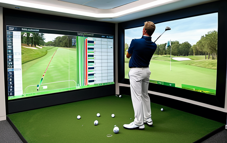 A focused male golfer in professional, modest golf attire, standing in a high-tech driving range bay. He is intently observing a launch monitor screen that displays detailed golf swing data and ball flight metrics. The scene emphasizes precision and analytical focus. The golfer is fully clothed, appropriate attire, with perfect anatomy, correct proportions, and a natural pose. His well-formed hands are visible, with proper finger count, reflecting natural body proportions. The environment is clean, well-lit, and professional. safe for work, appropriate content, fully clothed, professional.