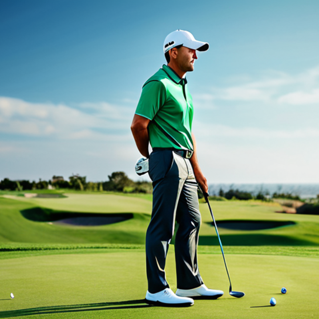 골프 세계 랭킹과 유명 선수들 - Golf Psychology**
"A calm and focused golfer, fully clothed in professional golf attire, standing o...