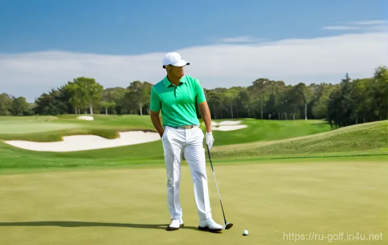 골프 경기 규칙 요약 - **Prompt 1: The Search for a Lost Ball**
    A wide shot of a pristine, green golf course on a brigh...