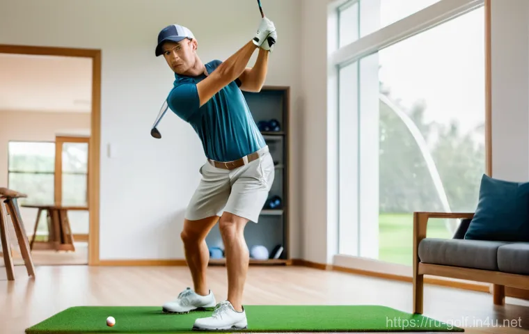 초보자를 위한 골프 동영상 강의 추천 - A focused young adult (male or female), wearing a clean, modern athletic t-shirt and comfortable spo...