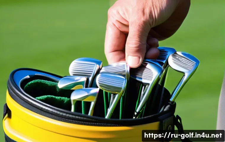 골프 라운딩 준비물 체크리스트 - **Prompt:** A focused male golfer, in his 40s, meticulously cleaning his golf clubs on a pristine Ru...