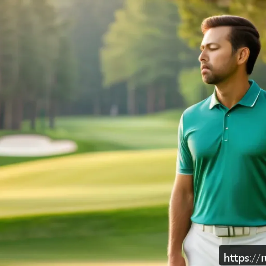 골프 경기 중 마인드 컨트롤 방법 - A focused male golfer in his early 30s practicing deep breathing on a sunny golf course, wearing a n...