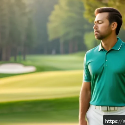 Home 33 골프 경기 중 마인드 컨트롤 방법 - A focused male golfer in his early 30s practicing deep breathing on a sunny golf course, wearing a n...