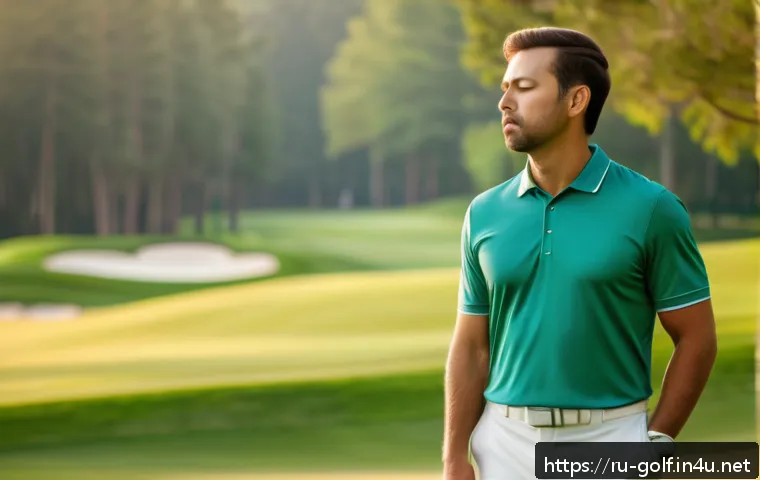 골프 경기 중 마인드 컨트롤 방법 - A focused male golfer in his early 30s practicing deep breathing on a sunny golf course, wearing a n...