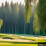 Home 20 골프 필드 예약 방법 - A serene early morning golf course scene in suburban Moscow during late spring, featuring a few golf...
