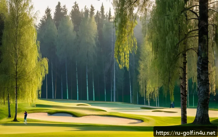 골프 필드 예약 방법 - A serene early morning golf course scene in suburban Moscow during late spring, featuring a few golf...