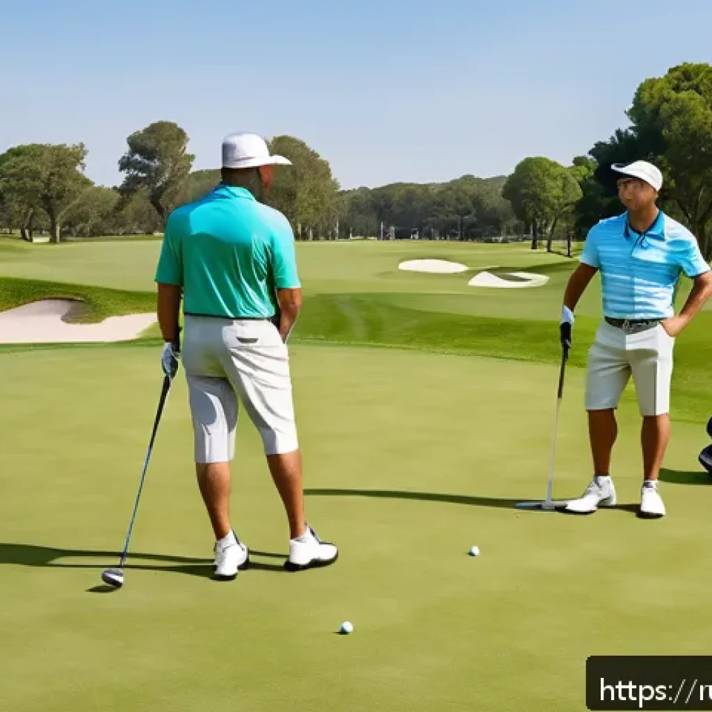 골프장에서의 안전 규칙 - A detailed scene of a diverse group of amateur golfers on a lush green golf course, practicing safe ...