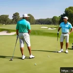 Home 19 골프장에서의 안전 규칙 - A detailed scene of a diverse group of amateur golfers on a lush green golf course, practicing safe ...