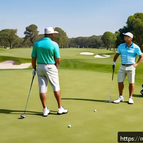 Home 31 골프장에서의 안전 규칙 - A detailed scene of a diverse group of amateur golfers on a lush green golf course, practicing safe ...