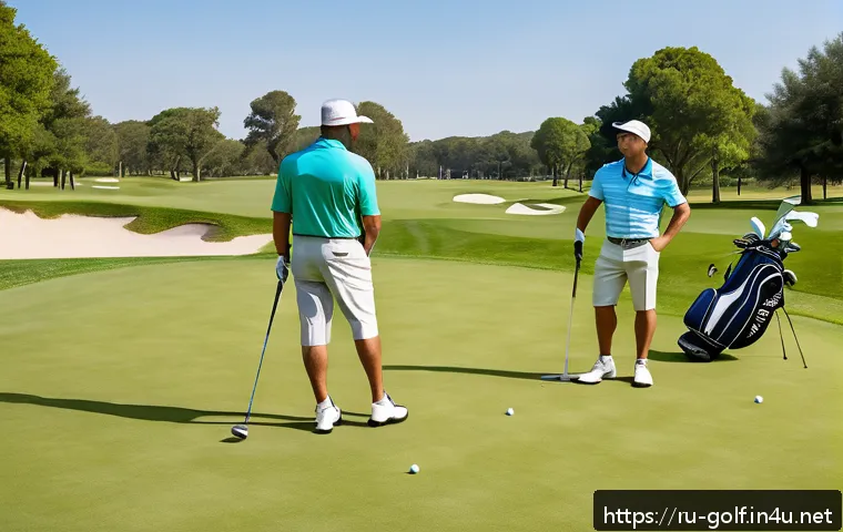 골프장에서의 안전 규칙 - A detailed scene of a diverse group of amateur golfers on a lush green golf course, practicing safe ...