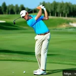 Home 18 골프 스윙 자세 교정법 - A male golfer in his mid-30s practicing a perfect golf swing on a lush green golf course in Russia, ...