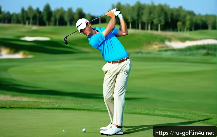 골프 스윙 자세 교정법 - A male golfer in his mid-30s practicing a perfect golf swing on a lush green golf course in Russia, ...