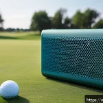Home 23 휴대용 골프 스피커 추천 - A high-resolution image of a sleek, portable Bluetooth speaker placed on a golf course next to a gol...