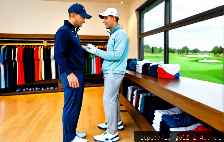 Home 17 골프웨어 추천 브랜드 - Photorealistic editorial-style golf apparel comparison scene in a bright modern pro shop, two adult ...