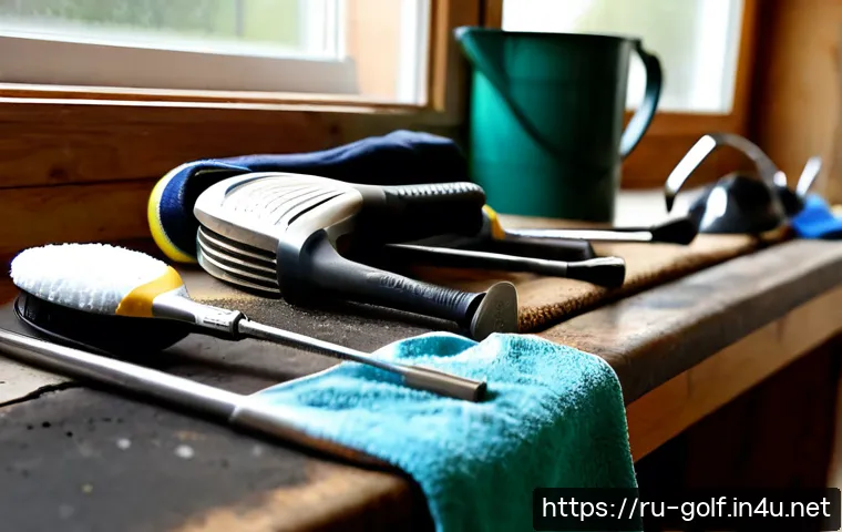 골프 클럽 청소와 관리법 - Photorealistic close-up of a golfer cleaning a set of muddy golf irons at a tidy garage workbench, s...